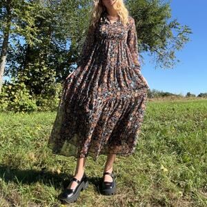 1.STATE Boho Floral Tiered Maxi Dress Long Sleeve Casual Dark Cottagecore Small